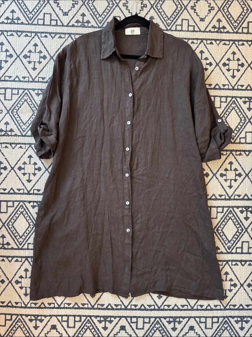 Relaxed Brown Linen Button-Down Shirt Dress